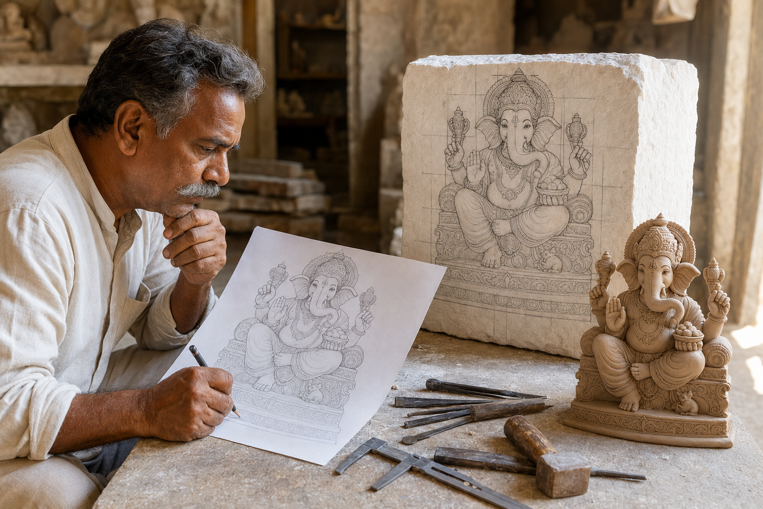 Artisan sketching the custom Ganesh Ji moorti